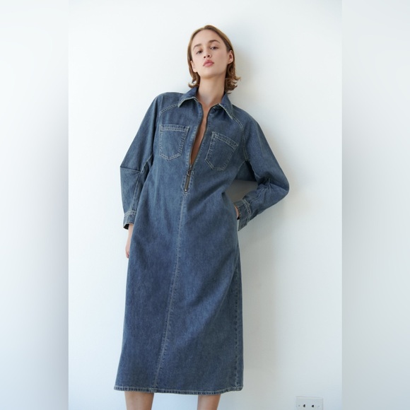 Zara Dress oversize midi denim jeans long sleeve collar casual - Picture 3 of 11